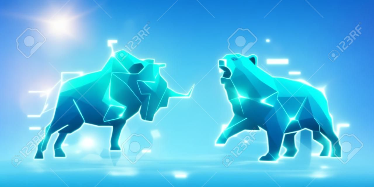 Koncepcja giełdy papierów wartościowych lub technologii finansowej, wielokątny byk i niedźwiedź z futurystycznym elementem
