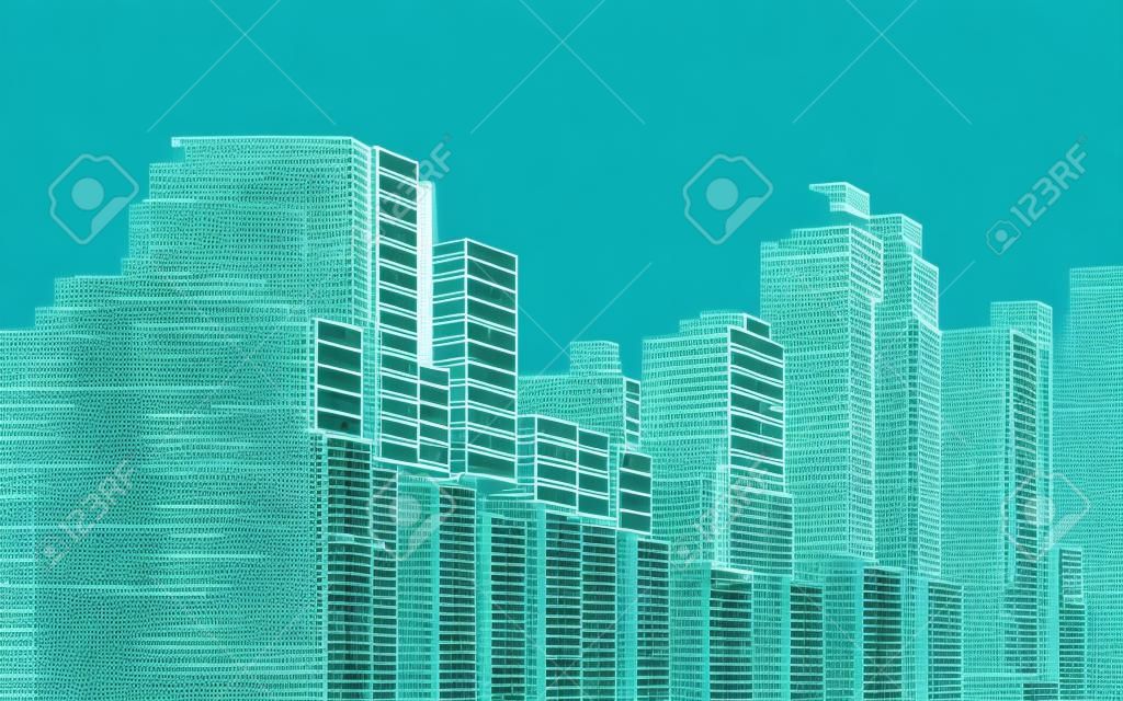 스마트 빌딩 또는 디지털 도시의 개념, 바이너리와 결합된 건물의 그래픽