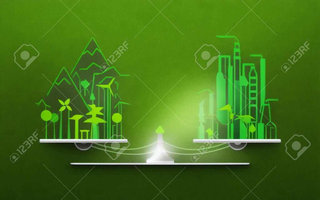 환경 보전 또는 생태 시스템의 개념, 공장 및 숲과 규모의 균형을 맞추는 그래픽