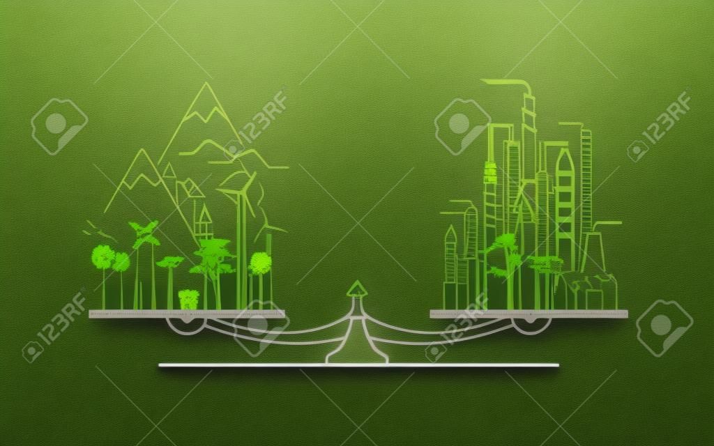 concept of environment conservation or ecology system, graphic of balancing scale with factory and forest
