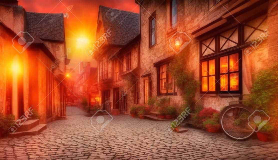 Oude stad in Europa bij zonsondergang met retro vintage stijl filter