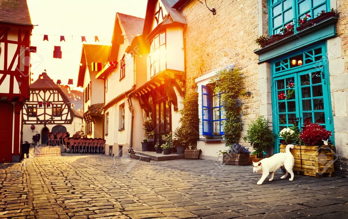Old town in Europe at sunset with retro vintage style filter and lens flare effect