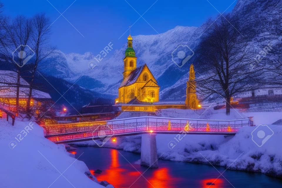 Beautiful twilight view of Sankt Sebastian pilgrimage church with decorated Christmas tree illuminated