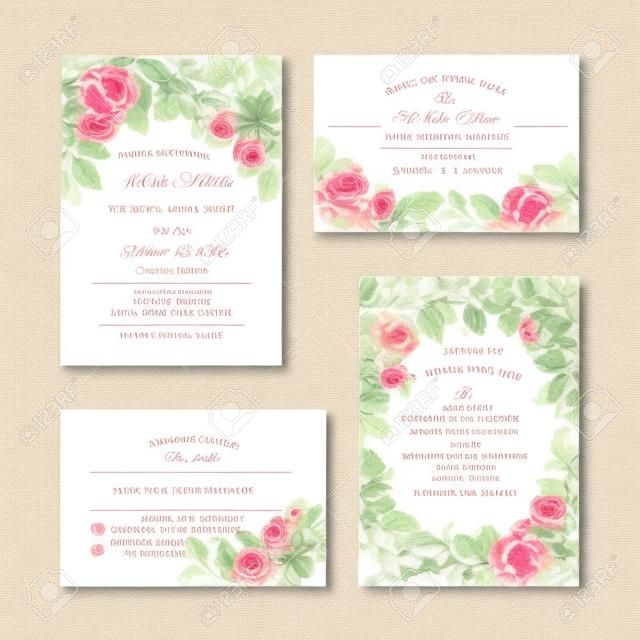 手工繪製的玫瑰花園婚禮邀請卡集合。邀請函，保存日期，RSVP，接待，感謝您用花的背景卡片模板。