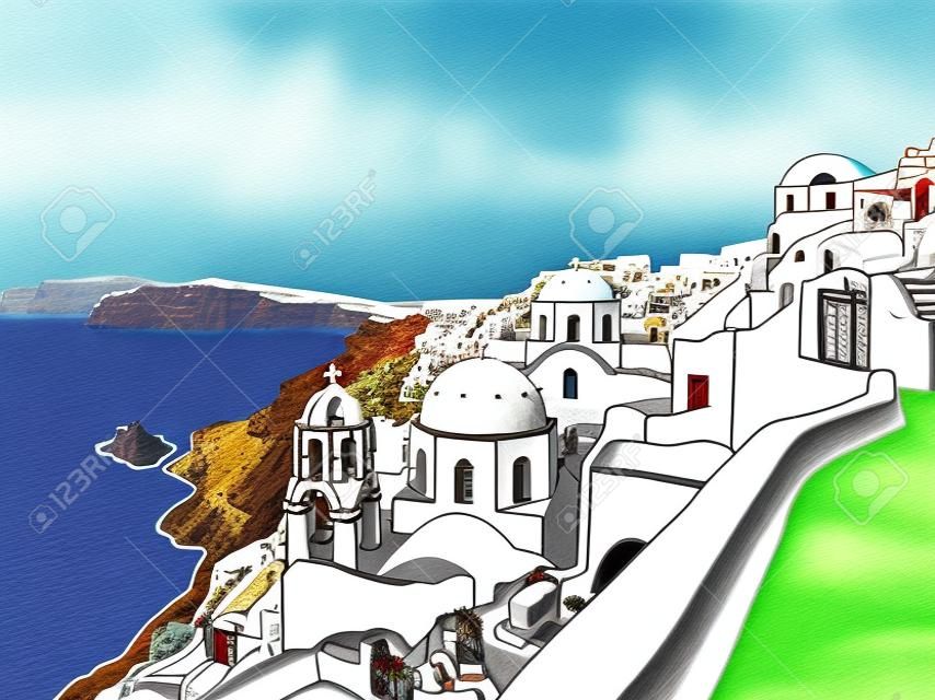 Greece Santorini Island Illustration, Drawing, coloring