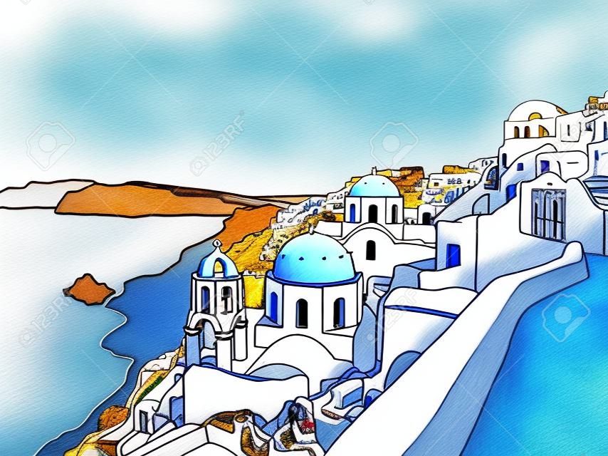 Griechenland Santorini Island Illustration, Zeichnung, Färbung