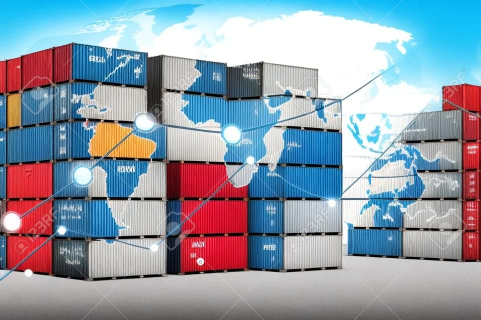 Businesss-Charts mit Karte globale Logistikpartnerschaft Verbindung, Behälter-Fracht Hintergrund.