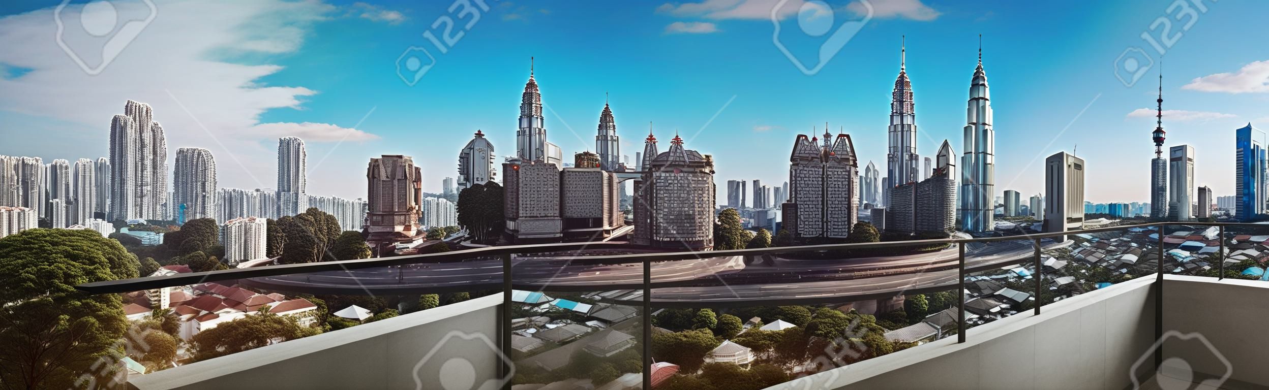 Open ruimte balkon met Kuala Lumpur stadsgezicht skyline uitzicht.