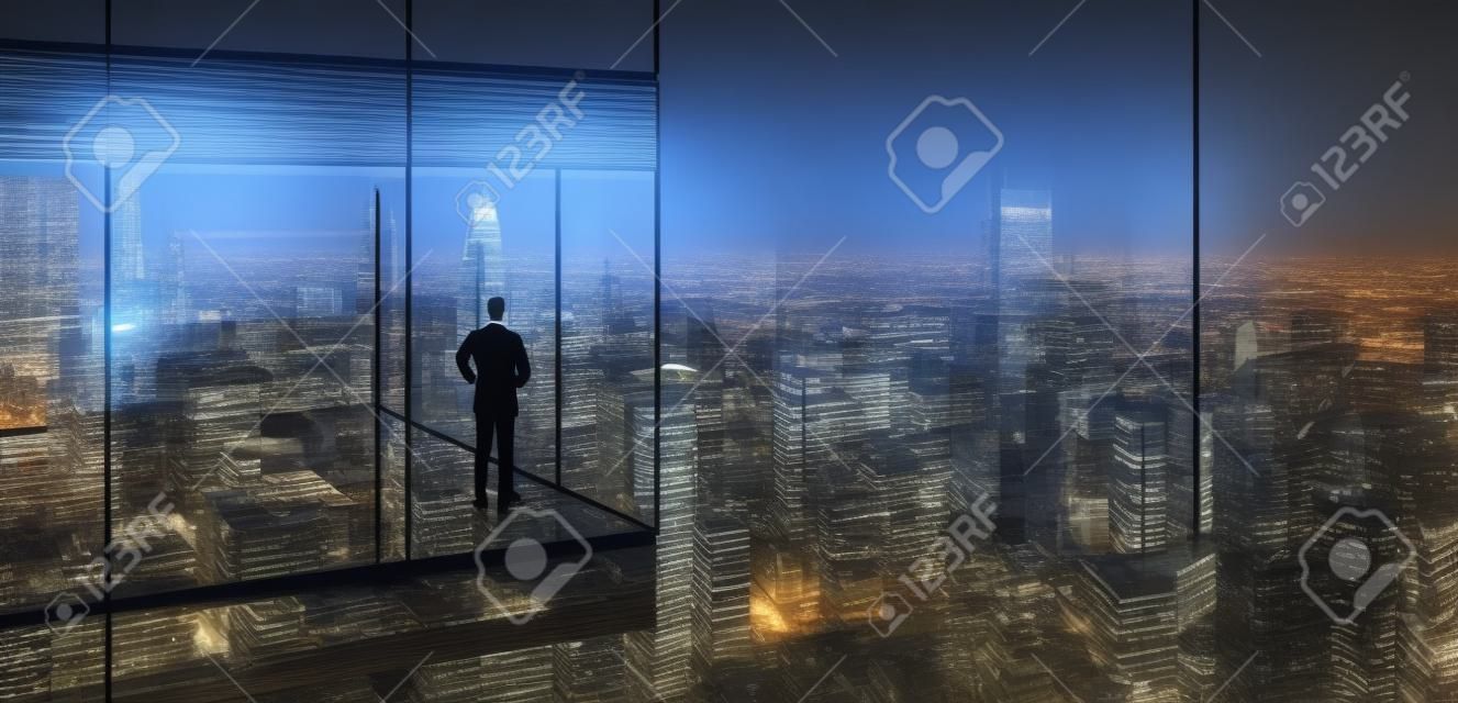Jonge zakenman staan in het 3d rendering kantoor kijken naar de moderne stad nacht uitzicht, uitzicht van buitenaf. Business ambitie concept.