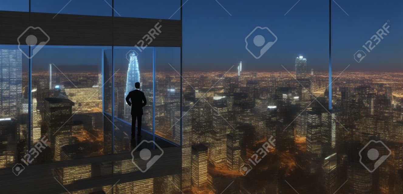 Jovem homem de negócios em pé no escritório de renderização 3d assistindo a vista noturna moderna da cidade, vista do lado de fora. Conceito de ambição de negócios.