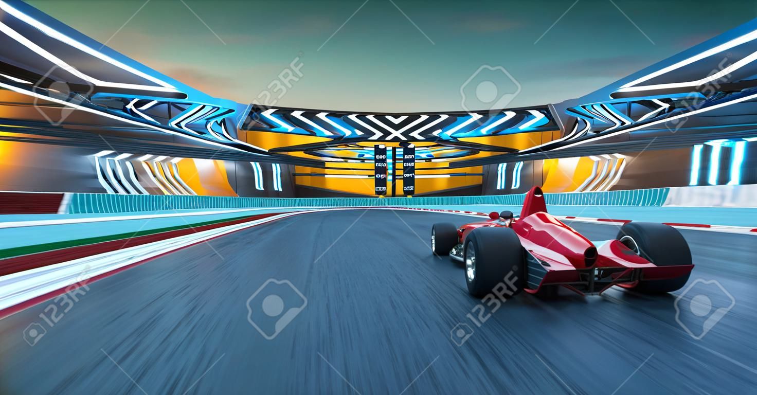 Sportowy samochód wyścigowy szybka jazda, aby osiągnąć mistrzowskie marzenie, zastosowanie rozmycia ruchu i efektu oświetlenia. renderowania 3D