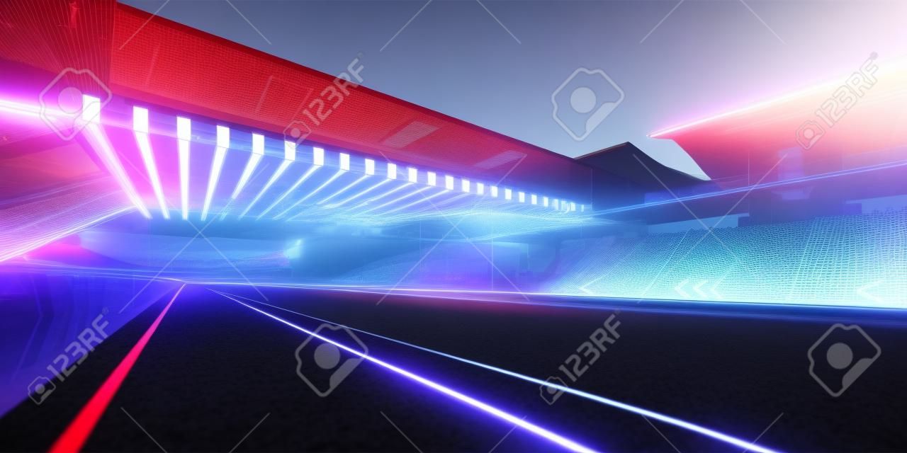 3d rendering racing concept of evening scene futuristic racetrack with glass railing and neon light decoration