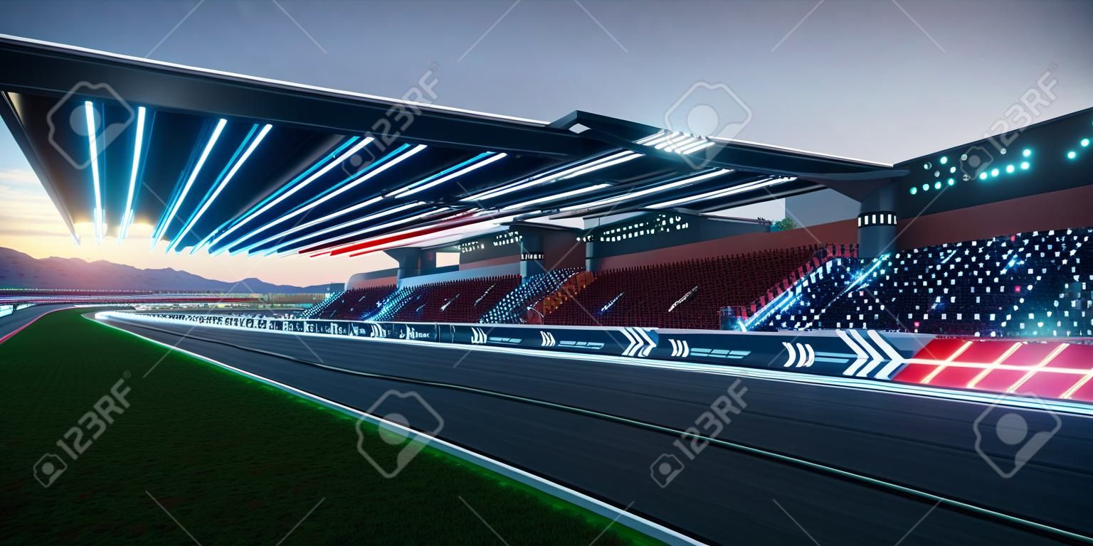 3d rendering racing concept of evening scene futuristic racetrack with glass railing and neon light decoration