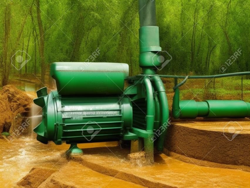 El cierre del viejo sistema de drenaje de agua subterránea del motor de la bomba de agua bombea agua fuera del suelo. Soluciona la sequía en Tailandia.
