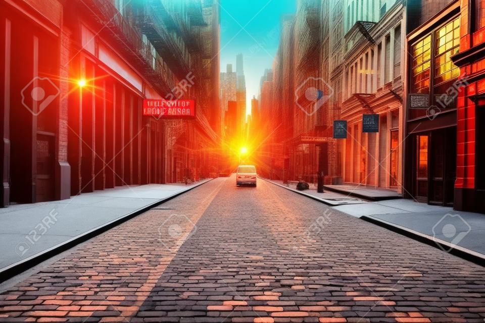 New York City Manhattan SoHo Straße bei Sonnenuntergang Hintergrund