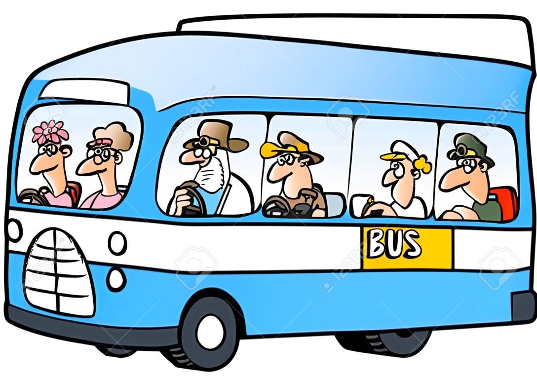 Bus and seniors icon. Funny illustration.