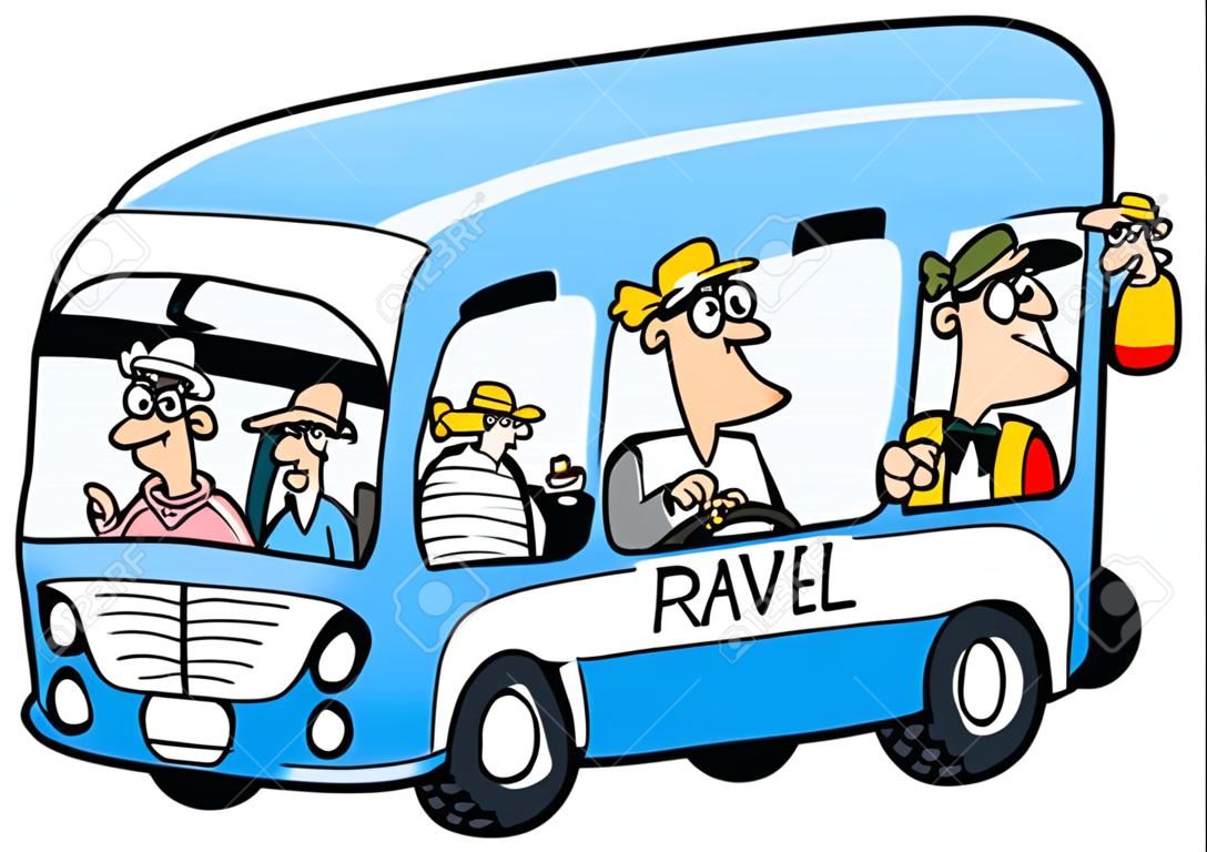 Autobús y las personas mayores icono. Ilustración divertida.