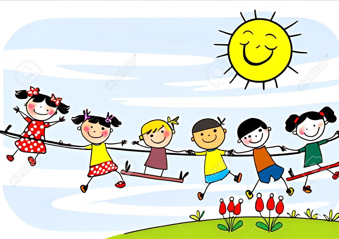 Children on seesaw, vector icon. Happy kids, group of girls and boys on swing. Color illustation, background with sky with funny yellow sun with eyes.