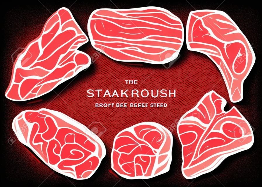 Raw beef steaks vector illustration collection. Raw meat top view drawings. Hand drawn cuts of beef.  Steak house, meat restaurant menu design . Food for grill template.