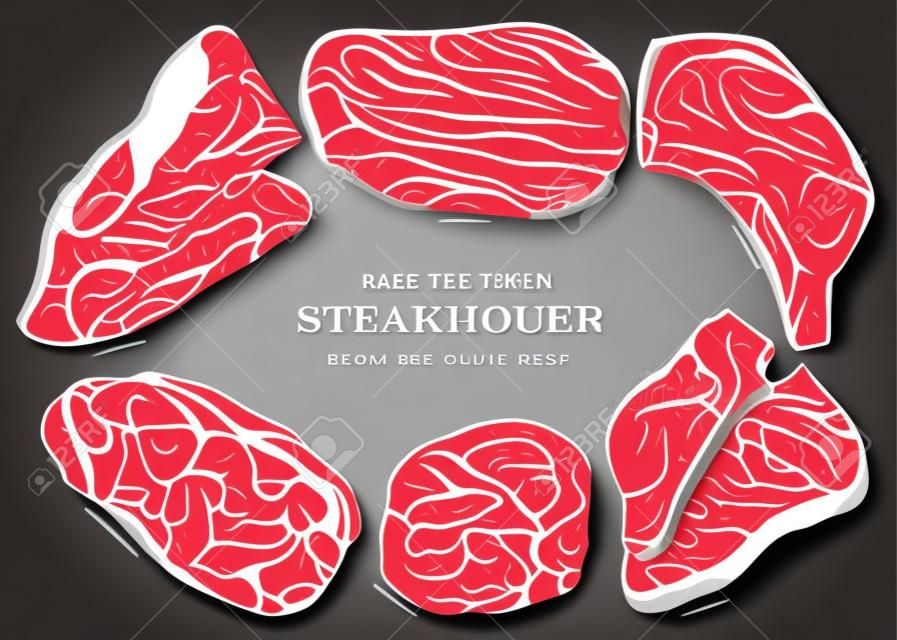 Surowe steki wołowe wektor ilustracja kolekcja. Rysunki widoku z góry surowego mięsa. Ręcznie rysowane kawałki wołowiny. Steak house, projekt menu restauracji mięsnej. Jedzenie na szablon grilla.