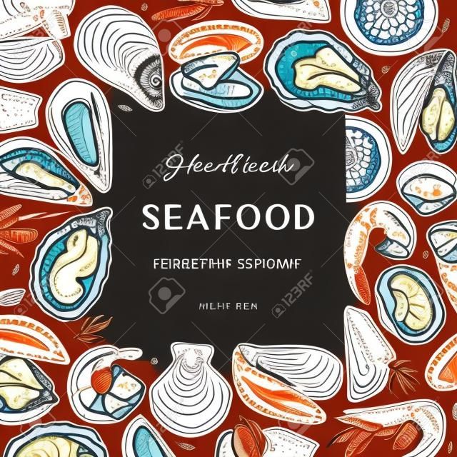 Vector frame with hand drawn seafood illustrations - fresh fish, oyster, mussel, shrimps and spice. Shellfish flyer design. Hand drawing. Seafood bar or restaurant menu template.