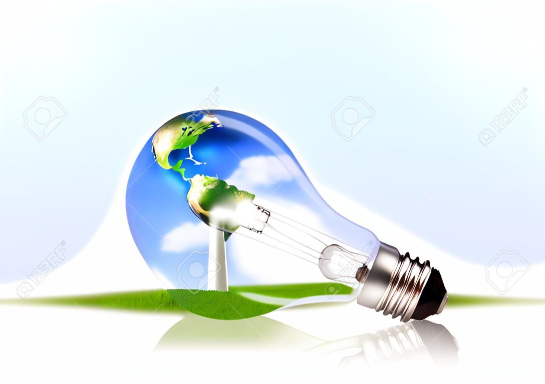 Light bulb with wind turbine and earth inside (Elements of this image furnished by NASA)