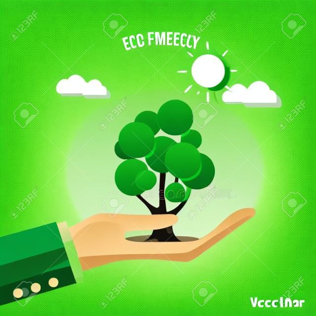 ECO FRIENDLY. Concetto di ecologia con sfondo di albero. Illustrazione vettoriale.