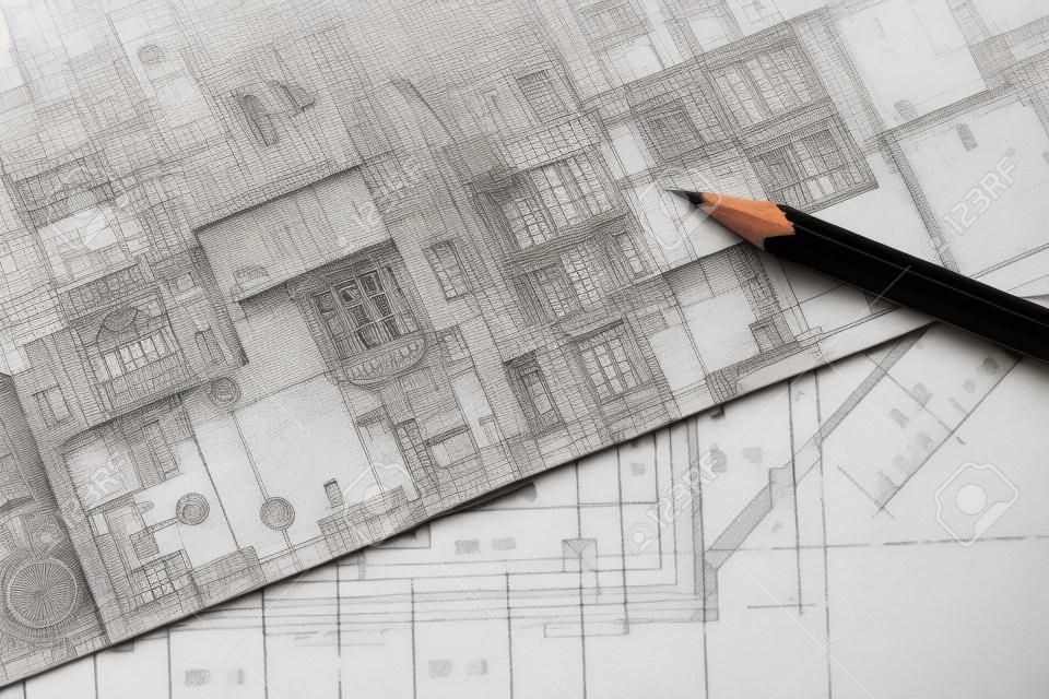 Hintergrund der Bauzeichnungen und Bleistift