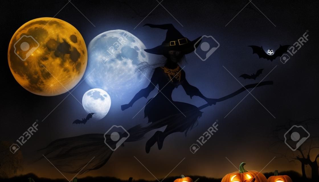 Free Stock Photo of Witch Flying at Night Over the Moon