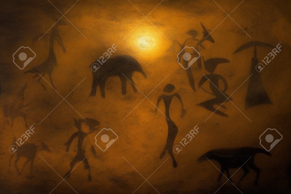 Pintura cueva con los animales y los cazadores