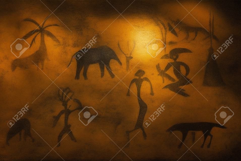 Cave Painting with animals and hunters