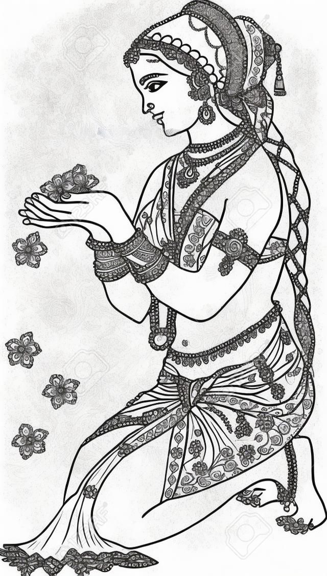 Indian women welcome black and white illustration line drawing clip art. Indian lady welcoming people with flowers in hands. Traditional looks line art drawing illustration of Indian culture.