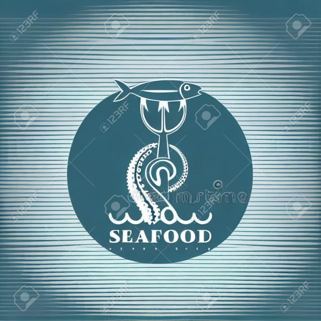 Progettazione di modello di logo di pesce di mare nautico con tentacolo, tridente e pesce. Illustrazione vettoriale