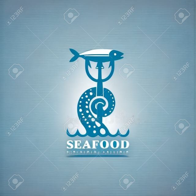 Progettazione di modello di logo di pesce di mare nautico con tentacolo, tridente e pesce. Illustrazione vettoriale