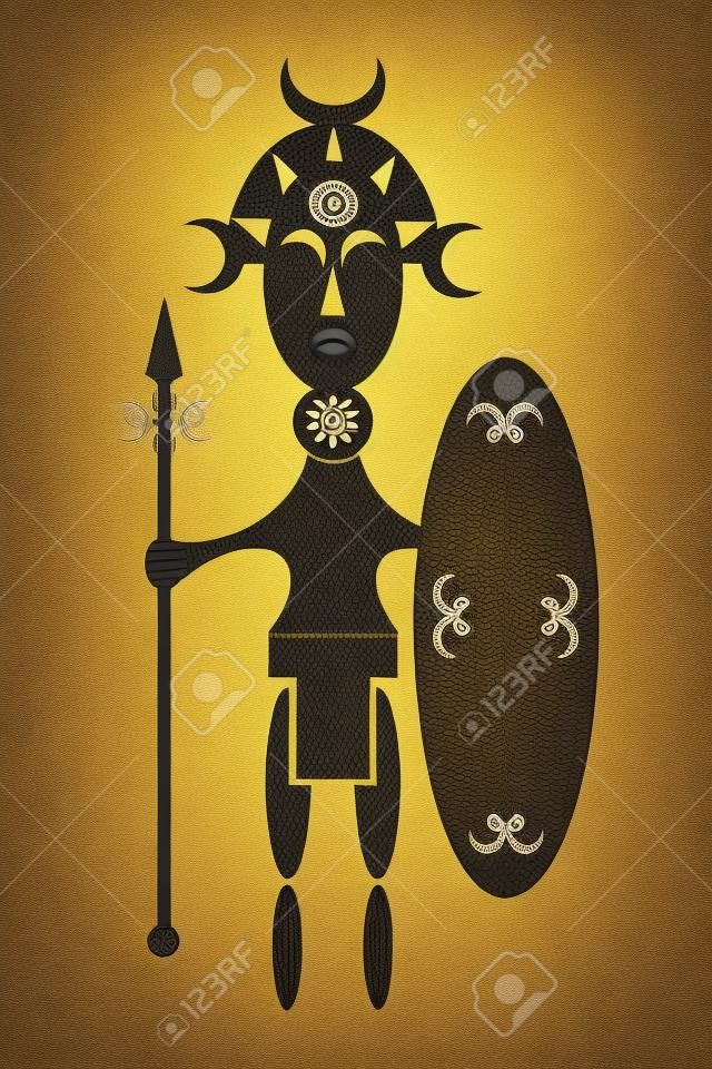 diseño estilizado de un guerrero de África con escudo y lanza