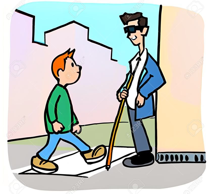 Bonne action: un garçon aide un aveugle à traverser la rue.
