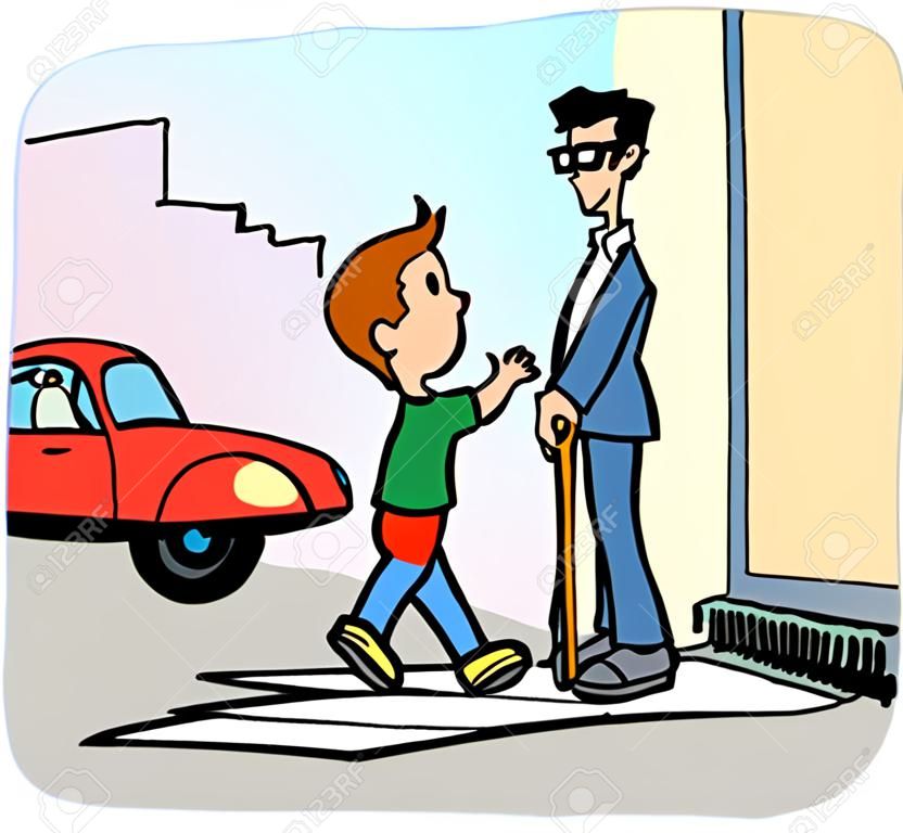 Dobra akcja: chłopiec pomaga niewidomemu przejść przez ulicę.