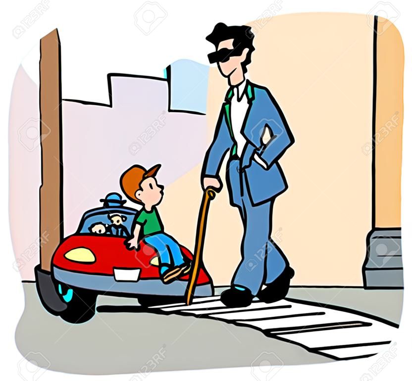 Good action: boy helps a blind man to cross the street.