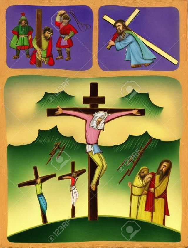 基督的激情。耶穌被羅馬人鞭打，然後他背著十字架直到被稱為Golgotha的山被釘死在十字架上。