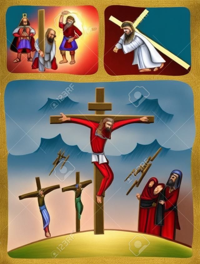 그리스도의 수난. 예수님은 로마인들에게 채찍질을 당하고 골고다라는 언덕까지 십자가를지고 십자가에 못 박혔습니다.