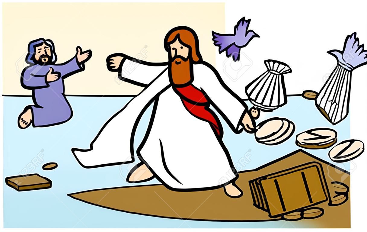 Jesus overturns the money changersâ€™ tables.