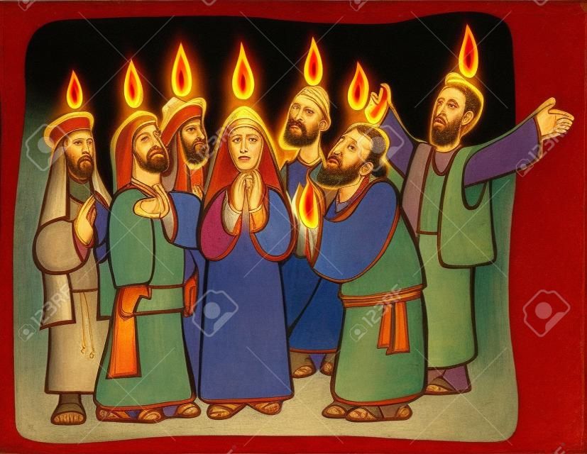 Pentecost. Apostles and Mary praying in tongues and fire above them while receiving the Holy Spirit