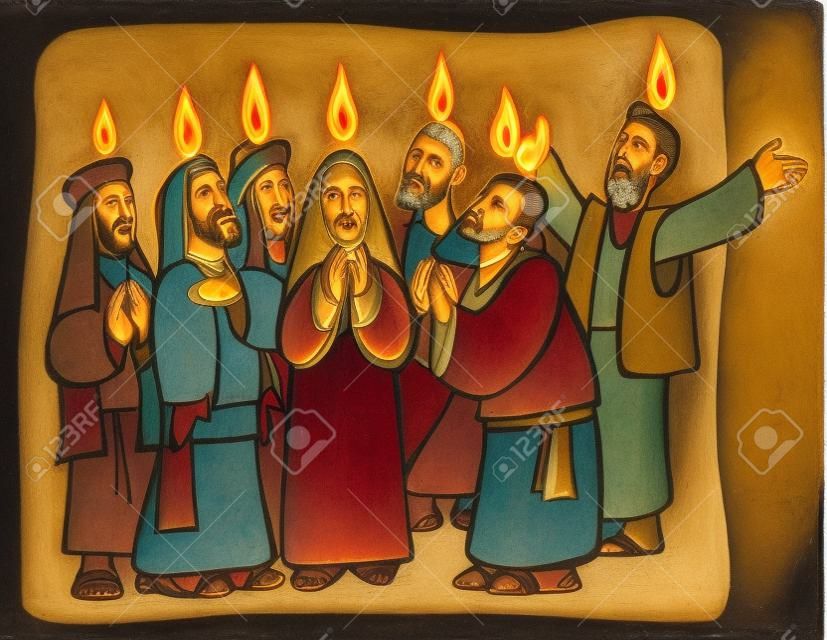 Pentecost. Apostles and Mary praying in tongues and fire above them while receiving the Holy Spirit