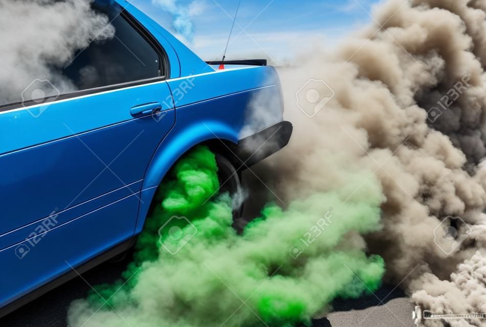 Moldova 25.09.2019. Sport modern Stance Car racing car drifting with smoke drift burnout, big colourful green blue clouds with clean wheels and burning tires . Extreme street stunts.