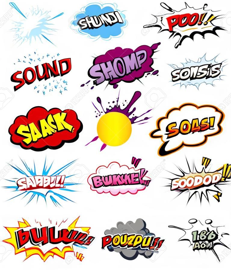 A collection of Comic Elements, including onomatopoeia and sound effects. All text are originally created.