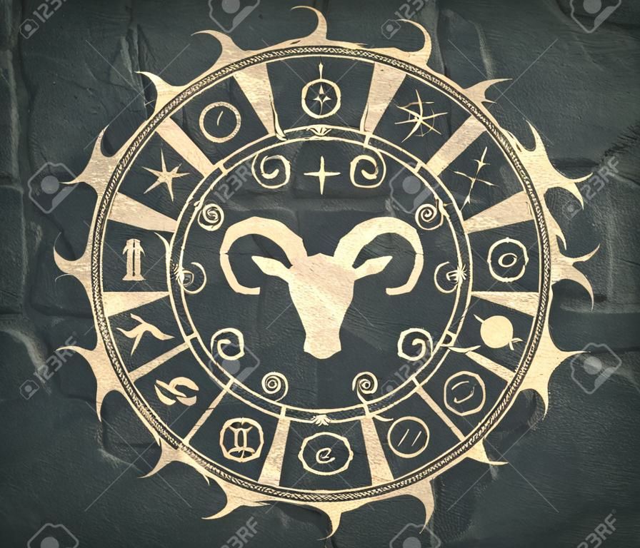 Simboli astrologici nel cerchio. Muro di cemento strutturato. Segno Capricorno