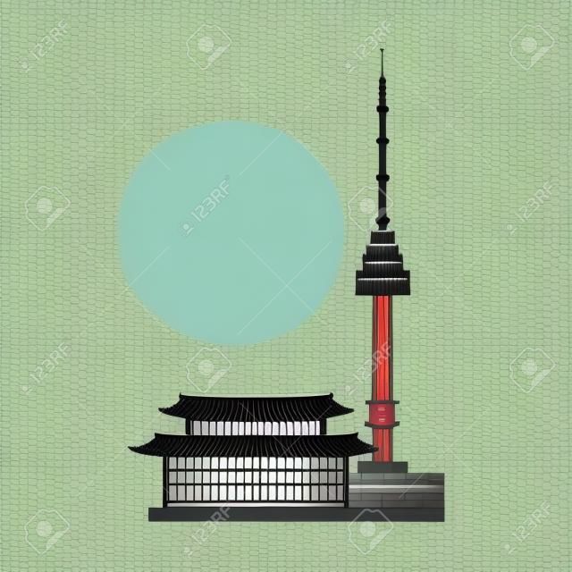 Torre de Namsan em Seul e ícones de pagodes em estilo simples