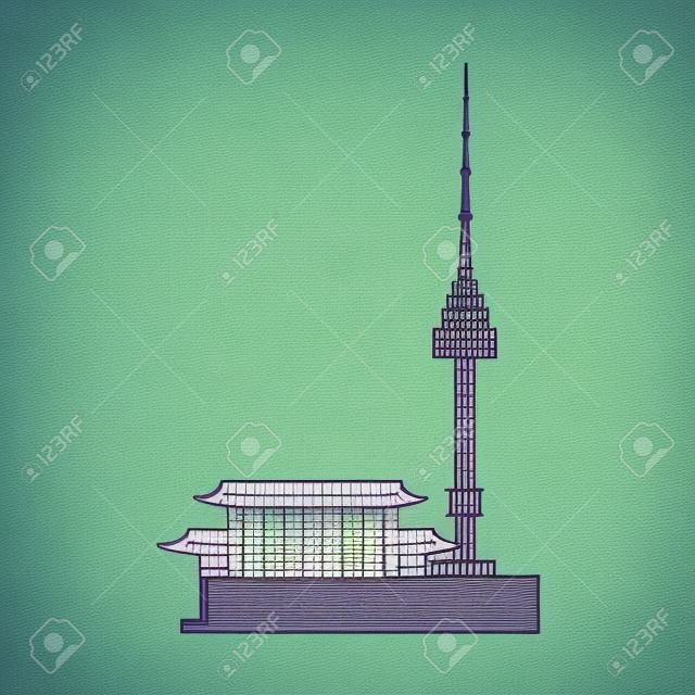 Namsan tower in Seoul and pagoda icons in simple style