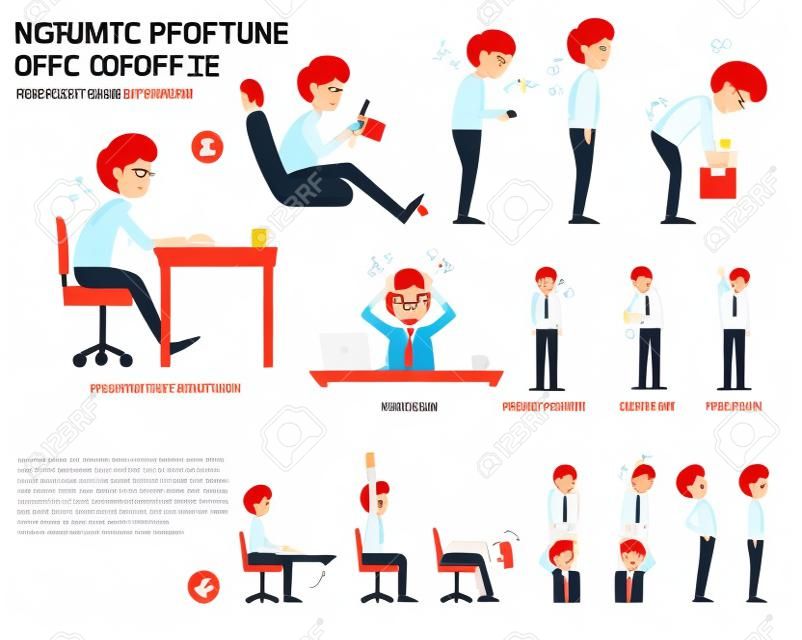 Falsche Körperhaltung und Büro-Syndrom Infografik, Vektor-Illustration