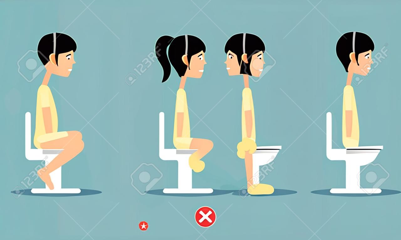 unhealthy vs healthy positions for defecate illustration, vector